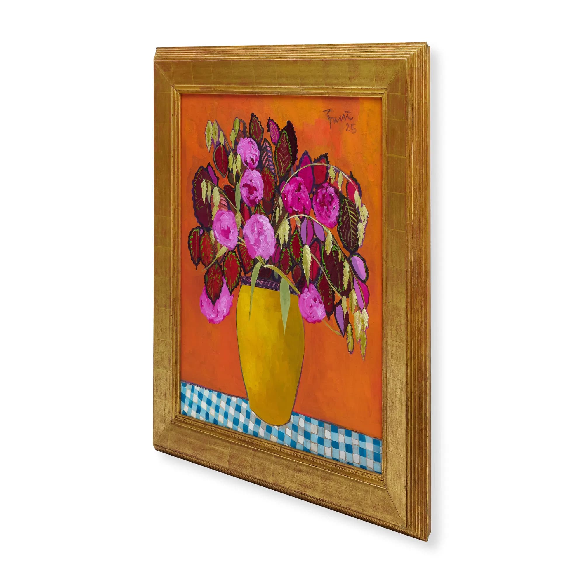 Pink Flowers in a Yellow Vase, Original Painting by John Funt