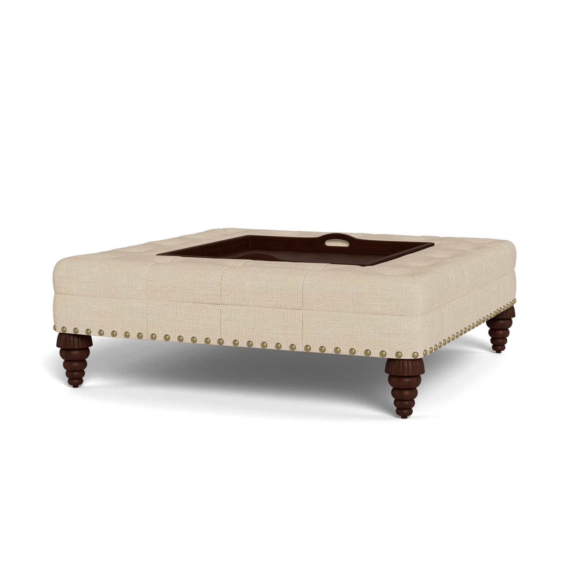 Tray Chic Button-Tufted Performance Linen Ottoman