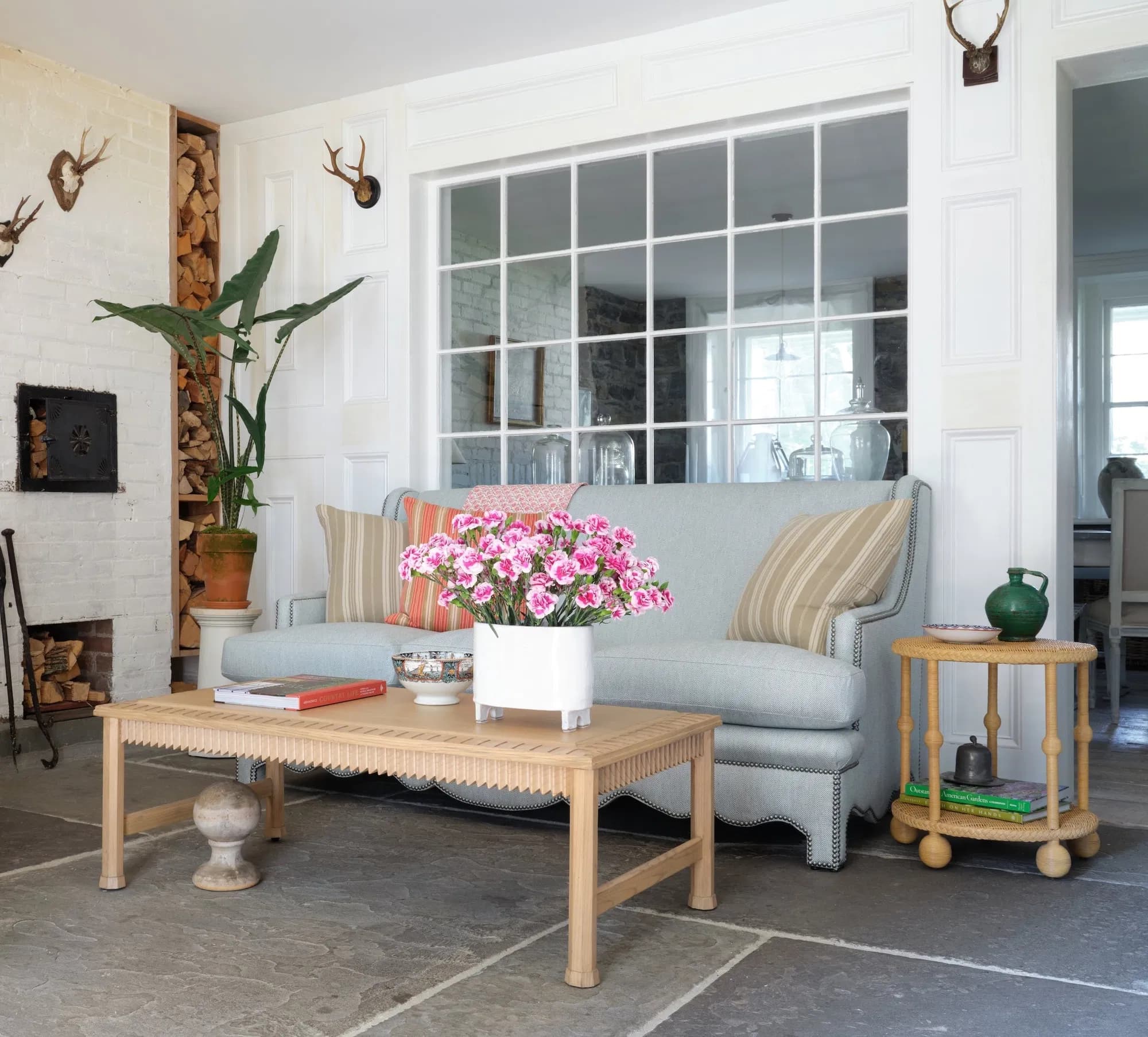 Nailhead Sofa in Cream Performance Linen
