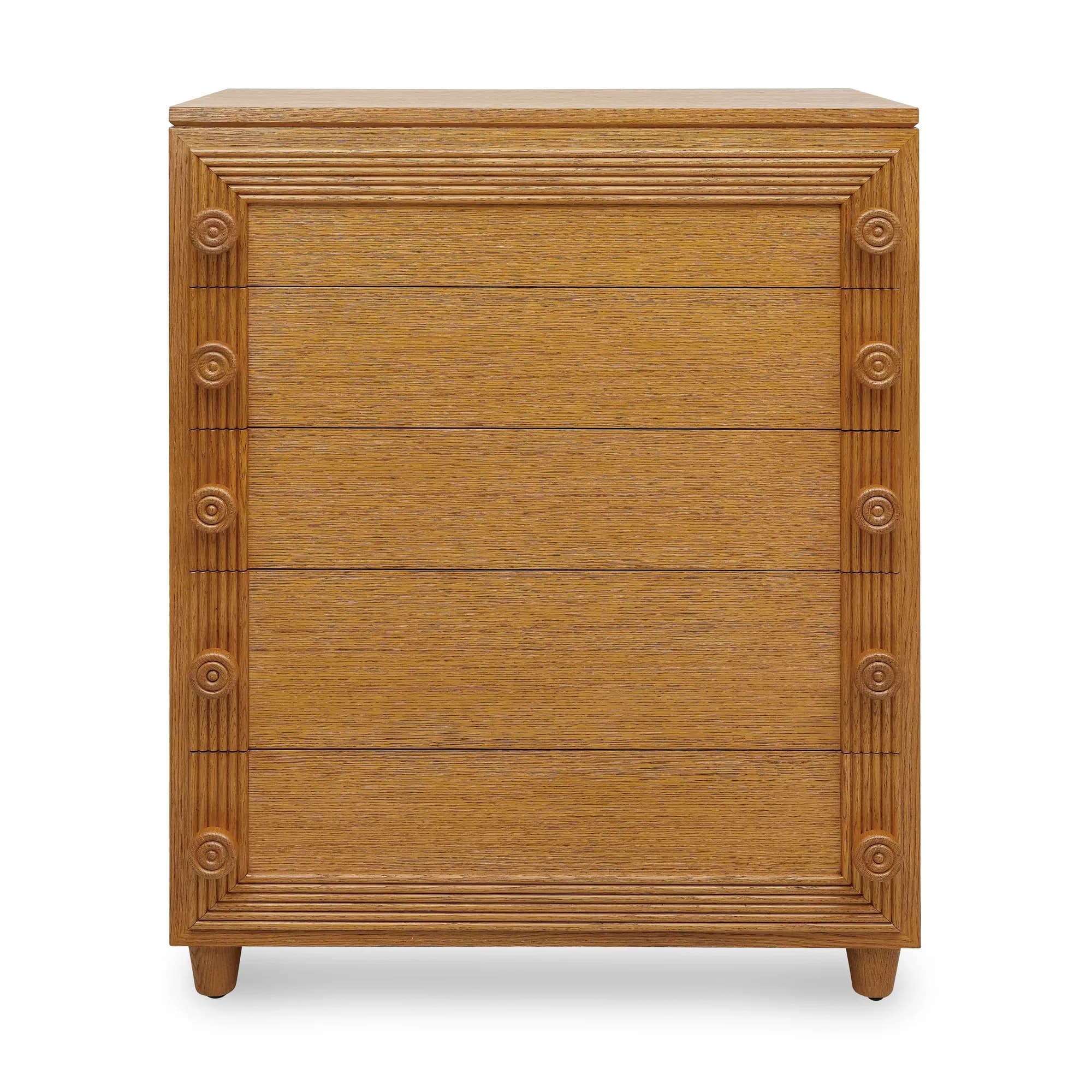 Button-Down High Oak Chest with Carved Geometric Details