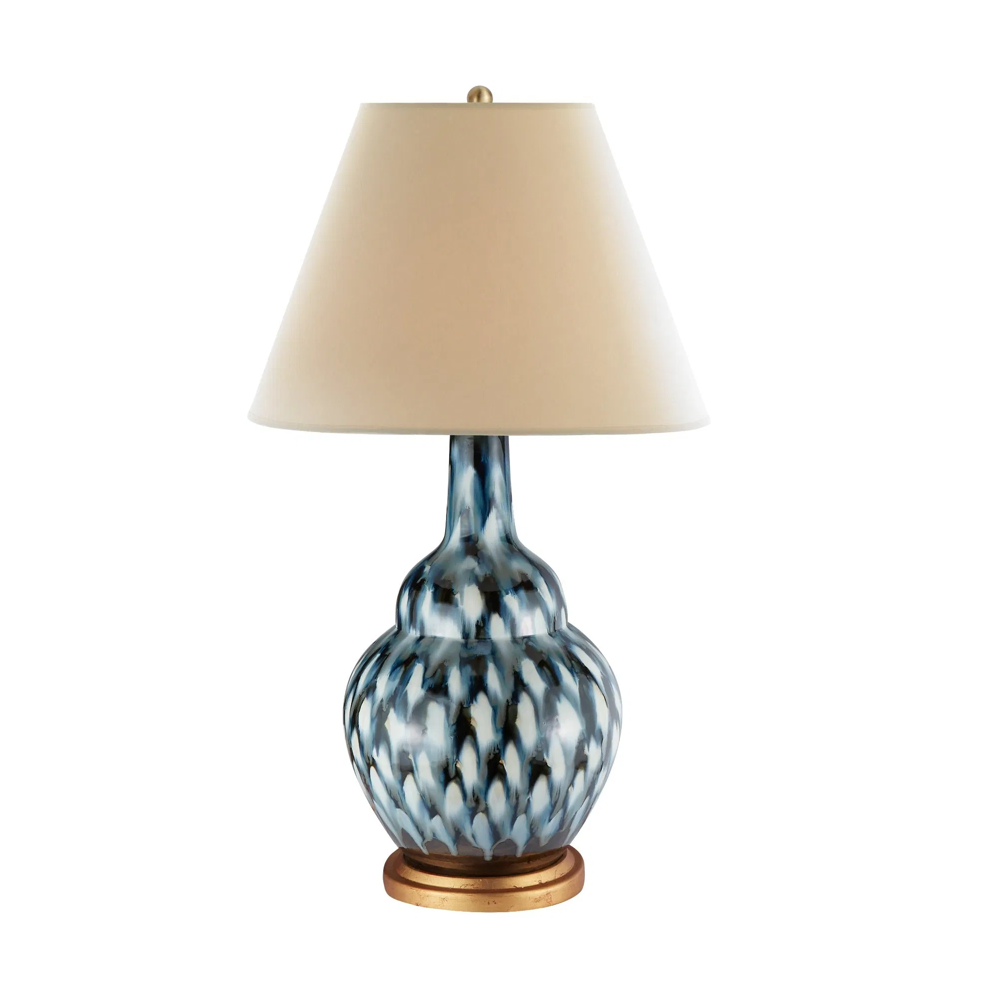Pheasant Feather Hand-Painted Ceramic Lamp in Deep Blue