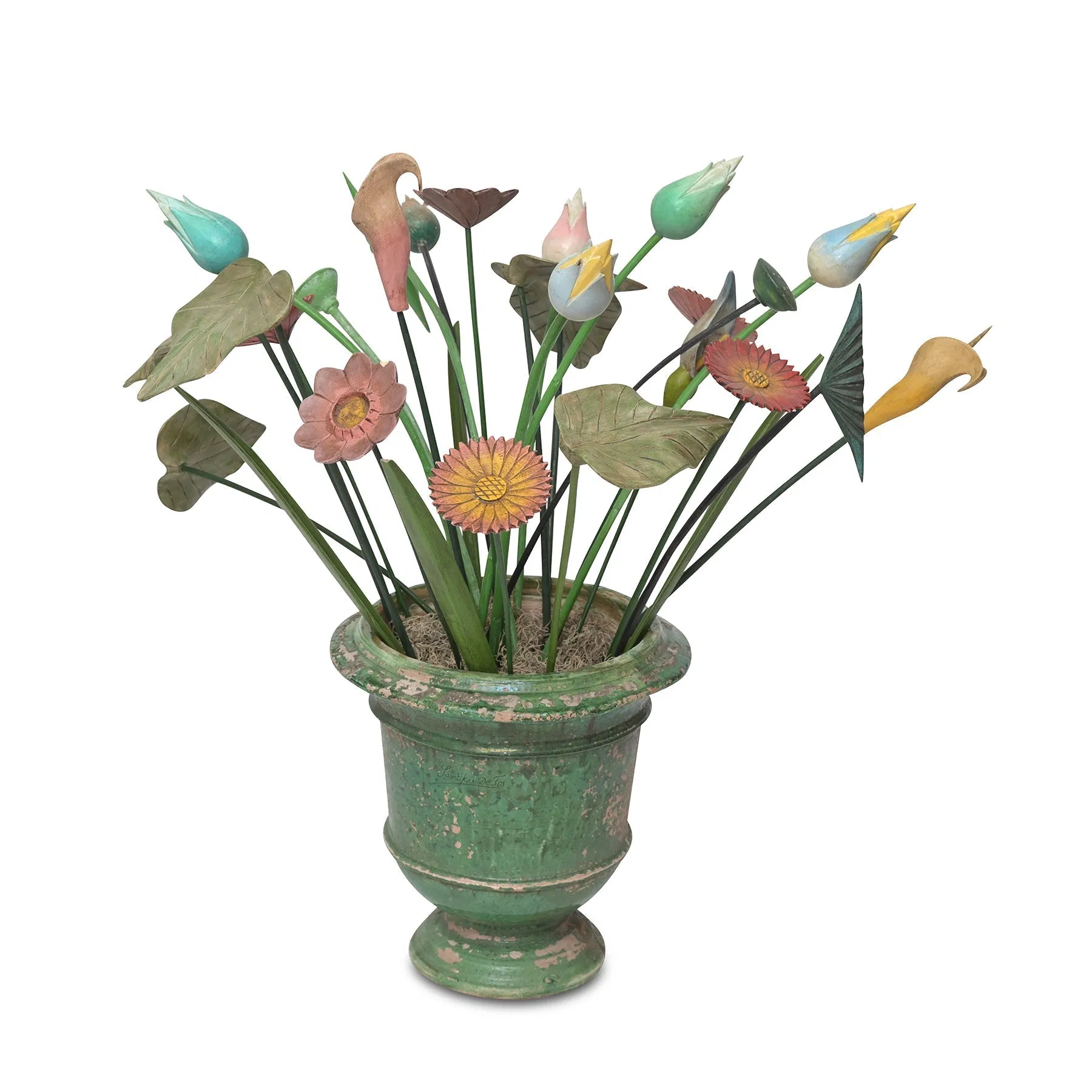 Vintage Painted Wooden Flowers in Glazed Ceramic Urn