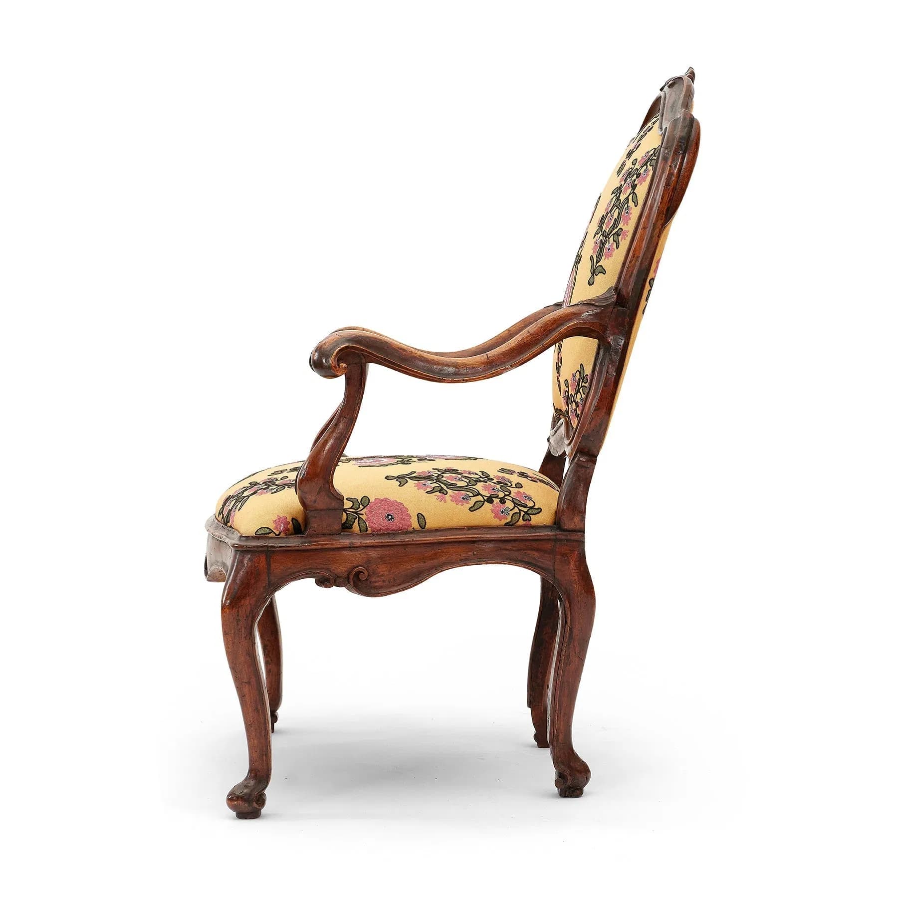 Venetian Walnut Open Armchairs Pair in Saffron Mead
