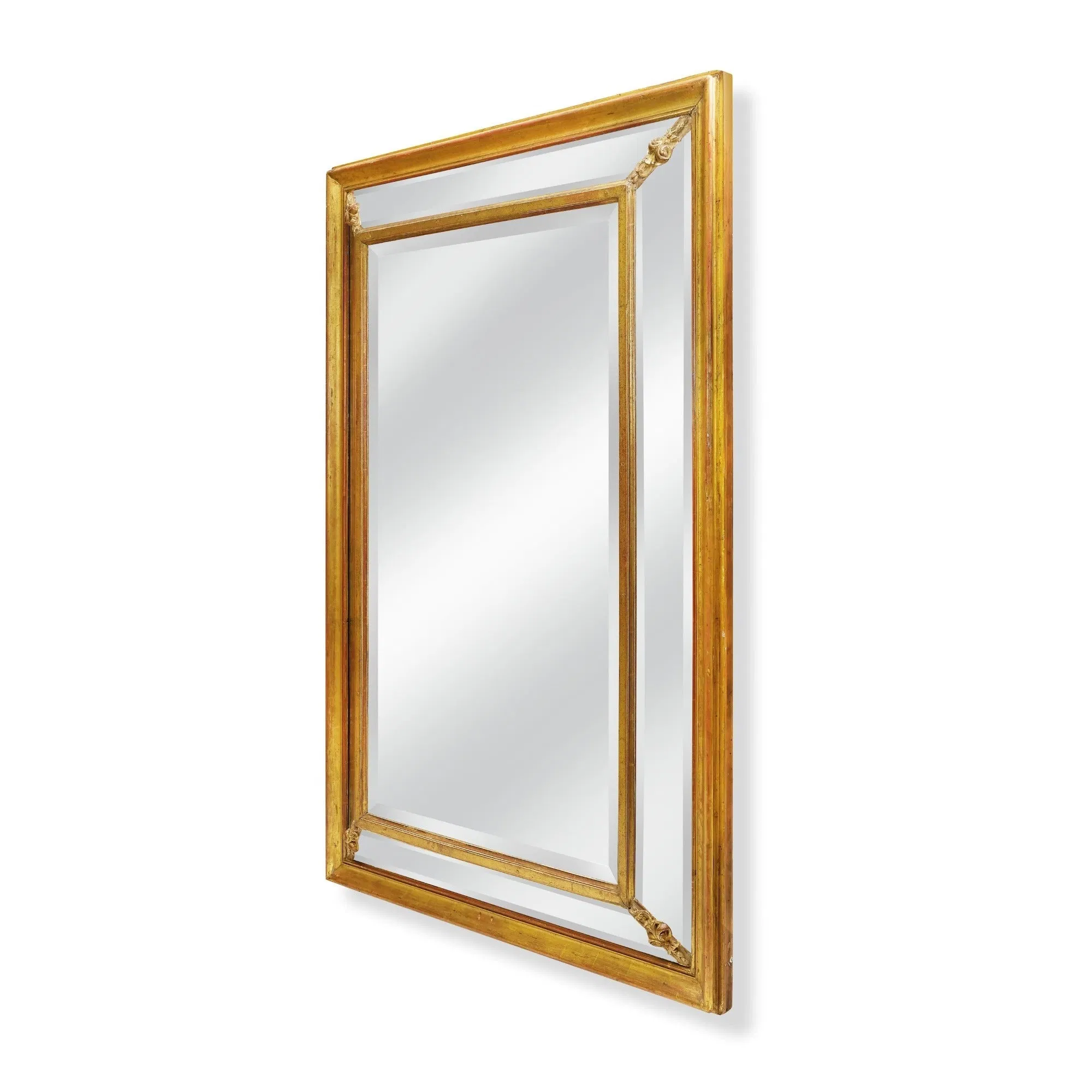 Large French Cushion Mirror with Hand-Carved Corners