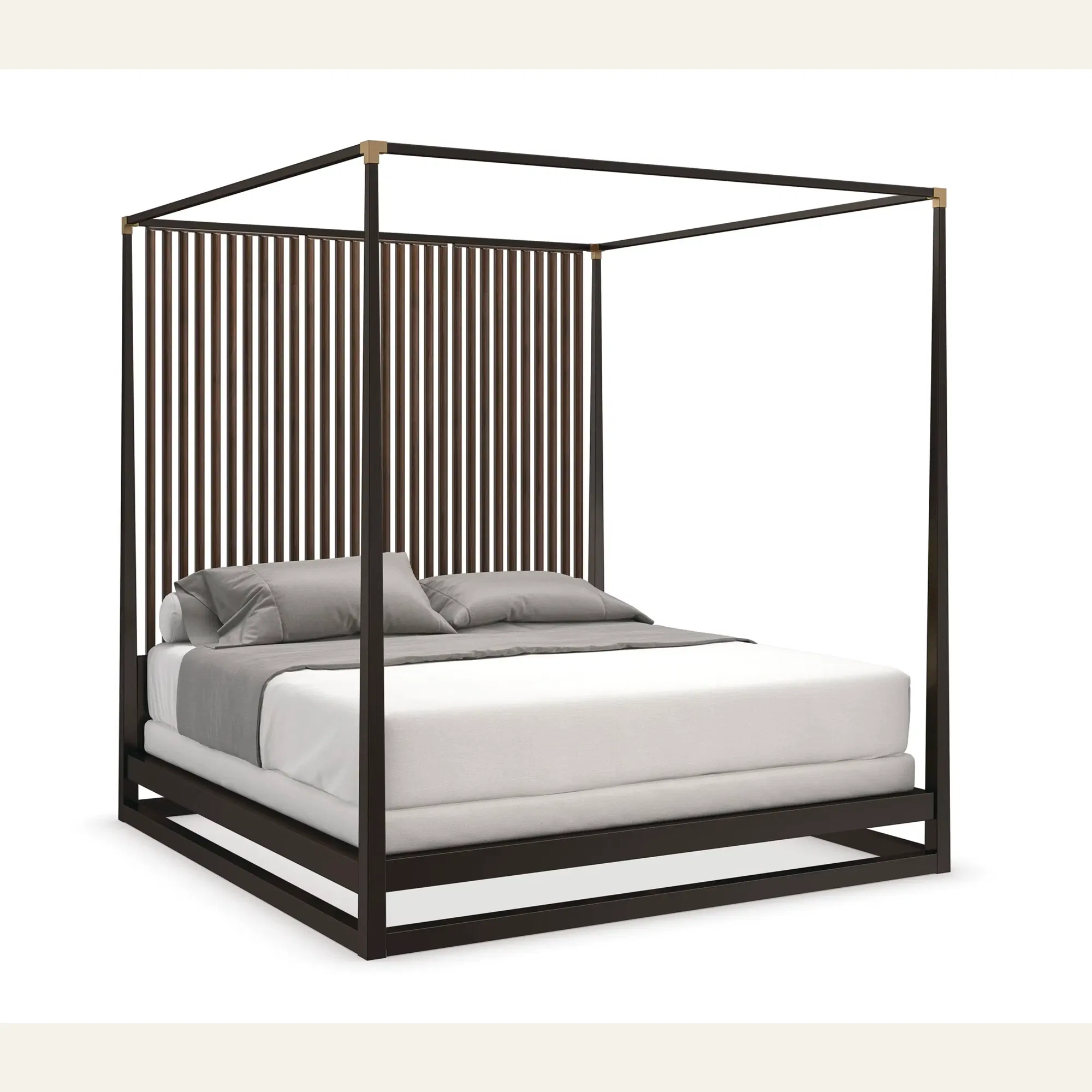 Pinstripe Queen Canopy Bed with Champagne Gold Accents