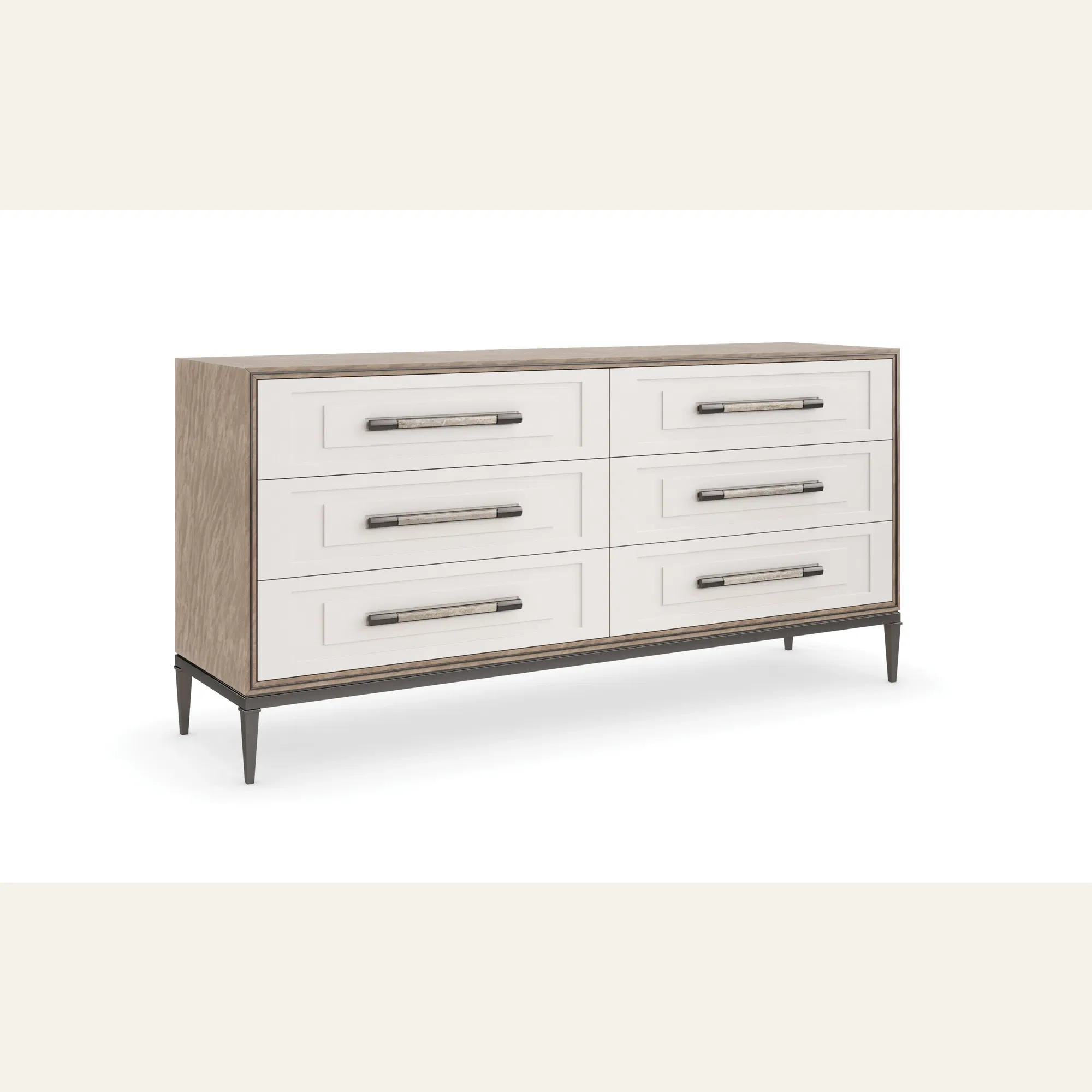 Impressive Pearly White Stepped Dresser with Bronze Trim
