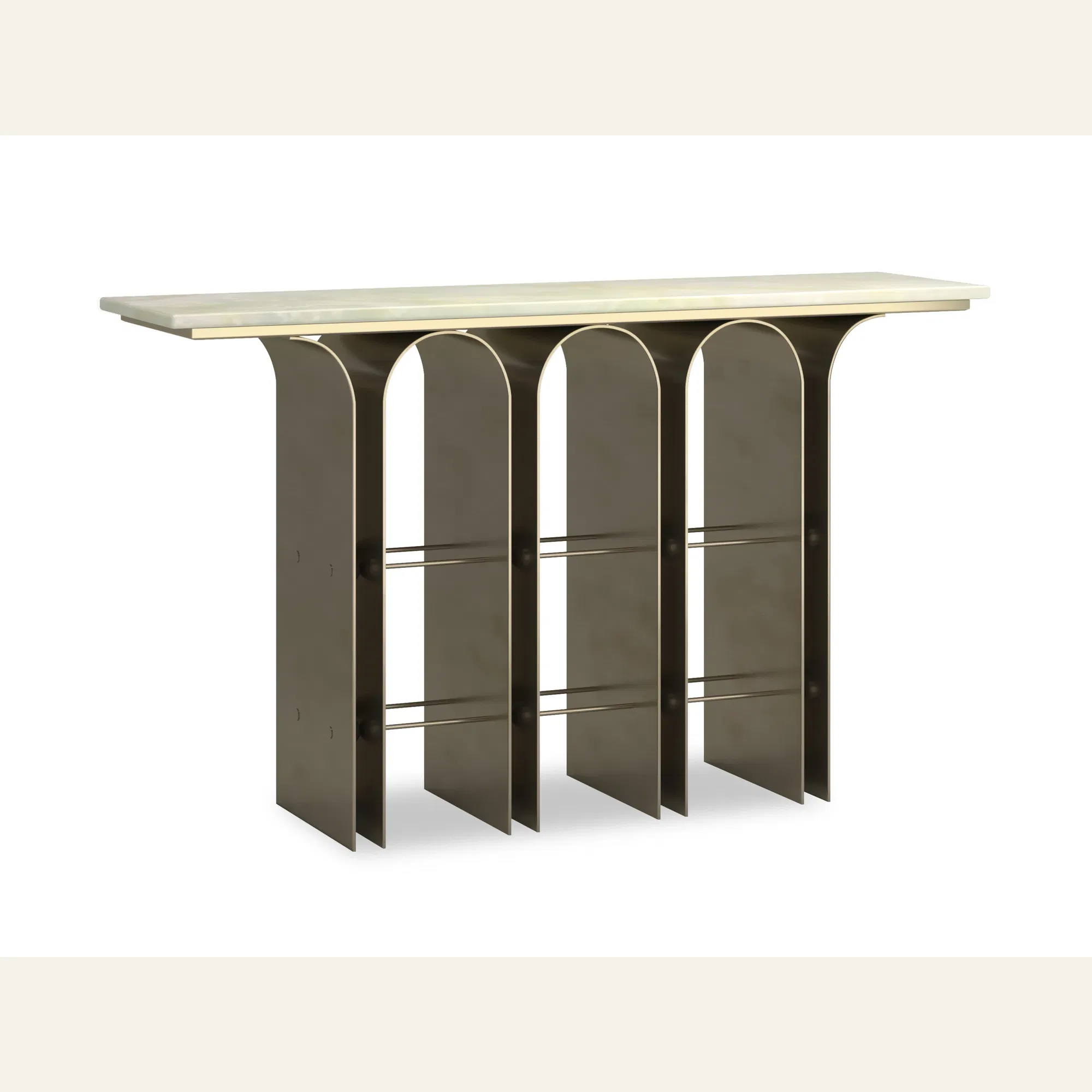 Nexus Green Onyx Marble Console with Brushed Bronze Arches