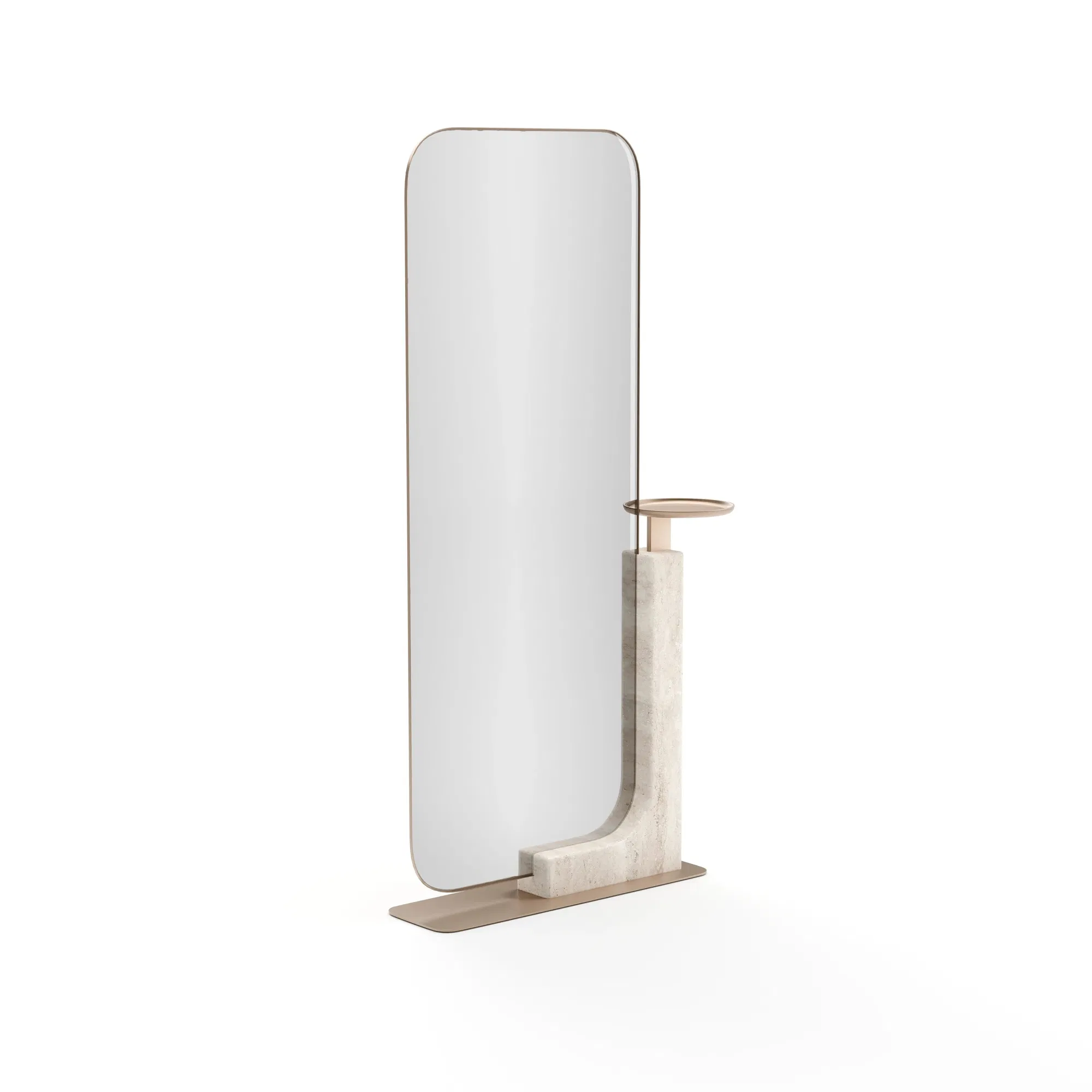 Overlap Luminous Gold Floor Mirror with Travertine Stand